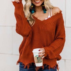 Frayed Oversized Slouchy V-Neck Terracotta Sweater
